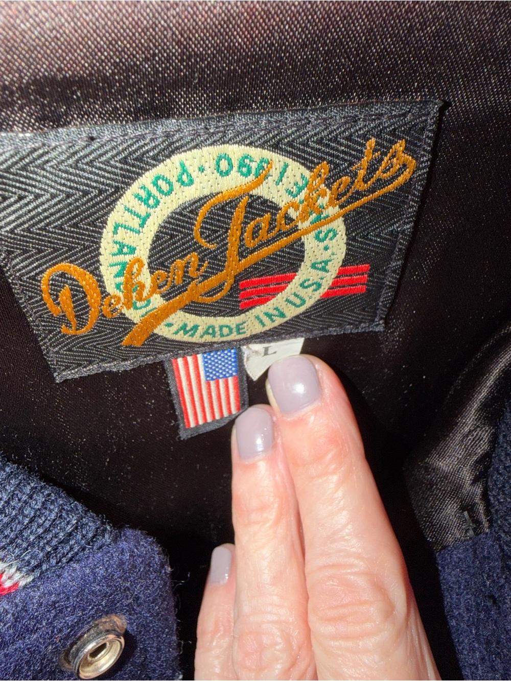 Dehen Navy and Cream Classic Varsity Bomber Jacket with Red Stripe Accents - Picture 3 of 4